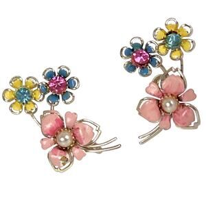 Vintage 50s Floral Enamel Rhinestone Screw Back Earrings Cottagecore Candy Color